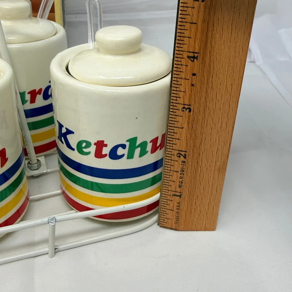 VTG HOAN Ceramic MCM Condiment Set Relish Ketchup Mustard‎ Jars 3pc Enamel Rack
